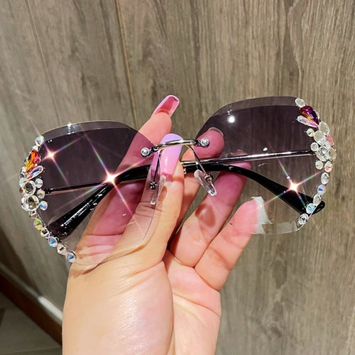 2021 Fashion Brand Design Vintage Rimless Rhinestone Sunglasses Women