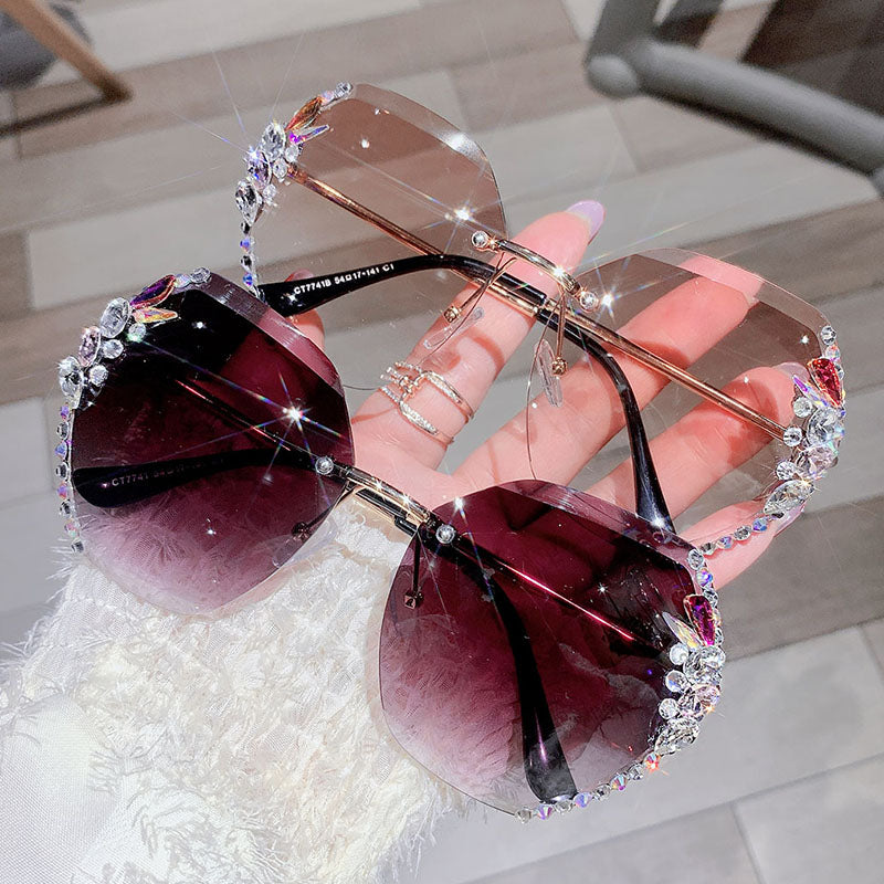 2021 Fashion Brand Design Vintage Rimless Rhinestone Sunglasses Women