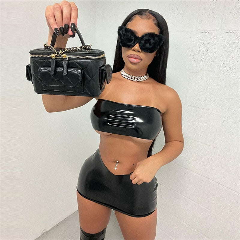 ANJAMANOR PU Faux Leather Black Sexy 2 Piece Crop Tops and Micro Mini