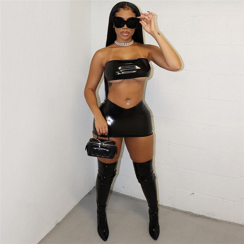 ANJAMANOR PU Faux Leather Black Sexy 2 Piece Crop Tops and Micro Mini