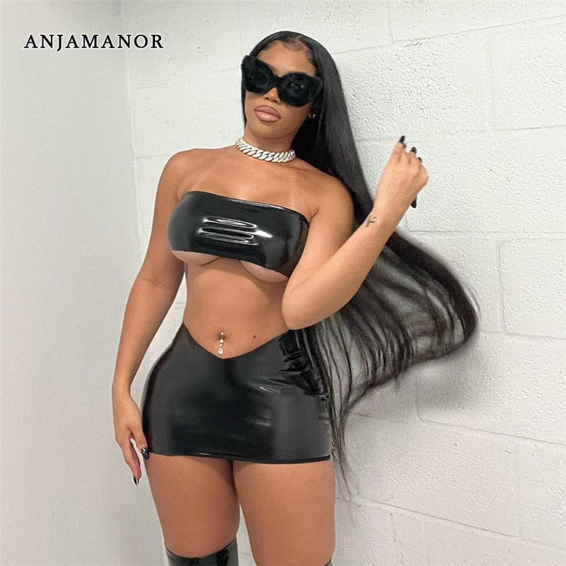 ANJAMANOR PU Faux Leather Black Sexy 2 Piece Crop Tops and Micro Mini