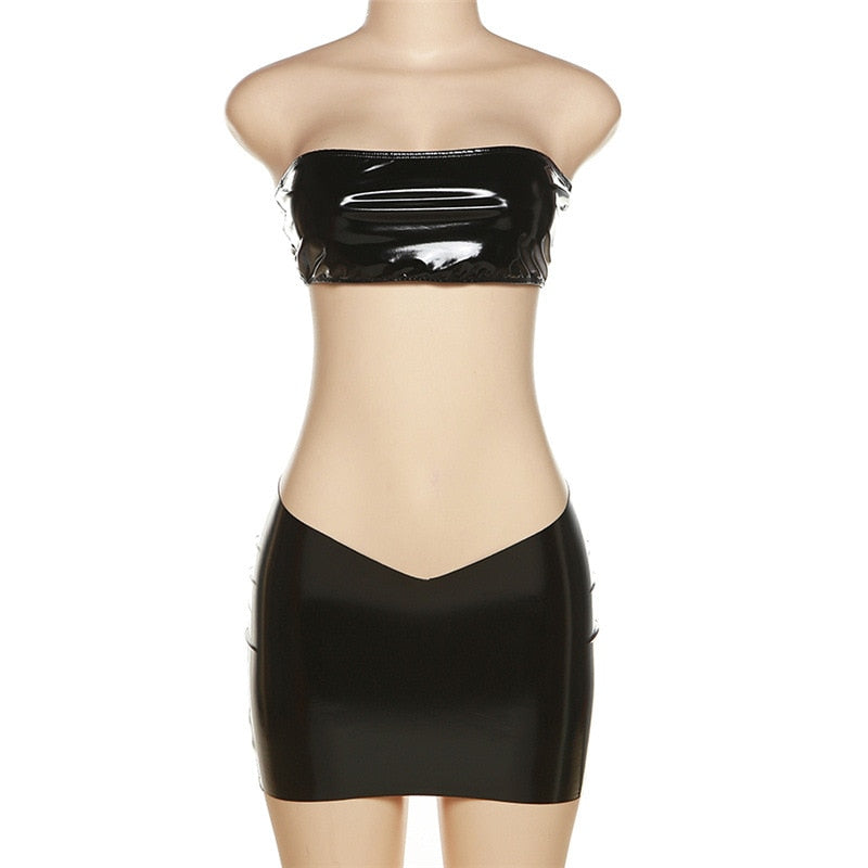 ANJAMANOR PU Faux Leather Black Sexy 2 Piece Crop Tops and Micro Mini