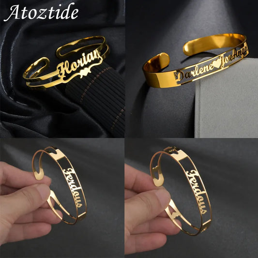 Atoztide Customized Letter Name Bracelet Personalized Custom Bangles for Women Men Stainless Steel Chrismas Jewelry Gift