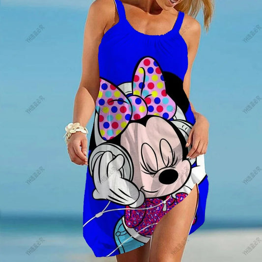 Disney Minnie Mickey Mouse 2000s Kawaii Aesthetic Round Neck Sleeveless Sling Floral Print Summer Dress Women Beach sling Femme