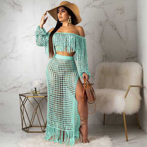 Sexy Two Piece Dress Top Skirt Set Long | Womens Beach Crop Top Long