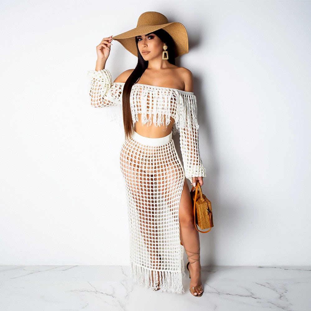 Sexy Two Piece Dress Top Skirt Set Long | Womens Beach Crop Top Long